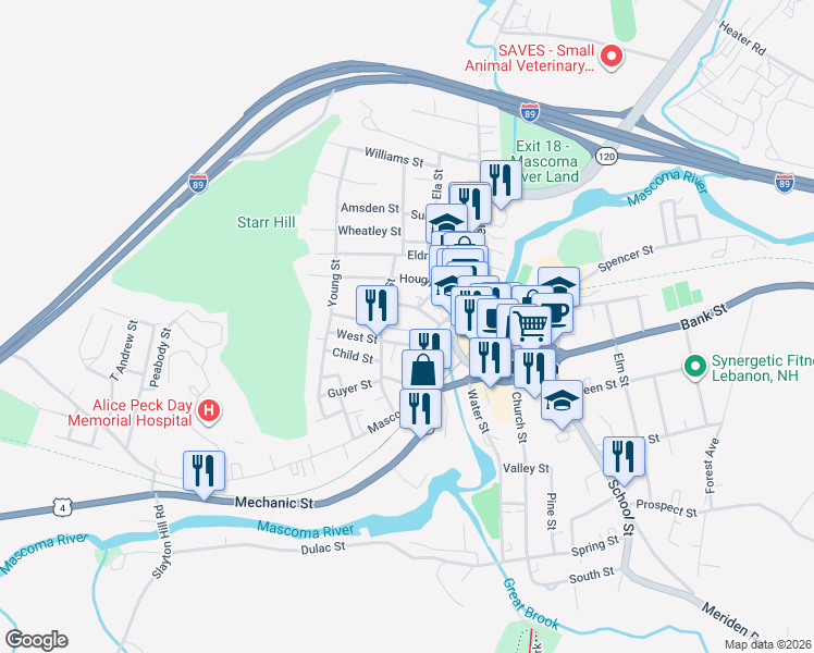 map of restaurants, bars, coffee shops, grocery stores, and more near 14 Fairview Avenue in Lebanon