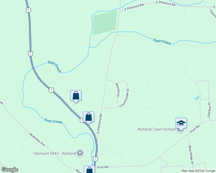 map of restaurants, bars, coffee shops, grocery stores, and more near 210 Russell Drive in Rutland