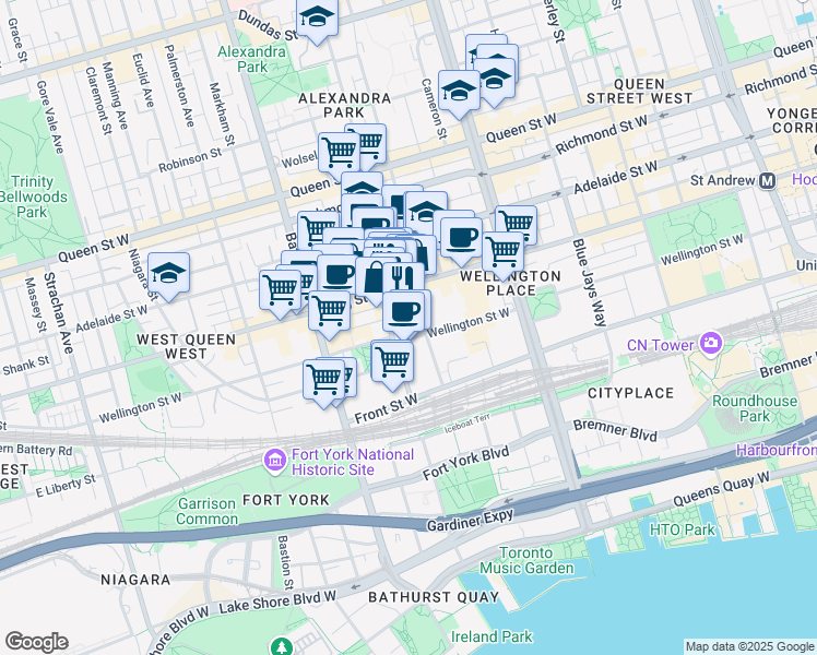 map of restaurants, bars, coffee shops, grocery stores, and more near in Toronto