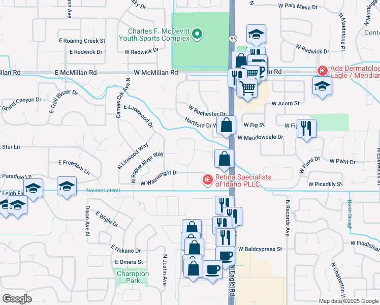 map of restaurants, bars, coffee shops, grocery stores, and more near 4257 North Brooksburg Way in Meridian