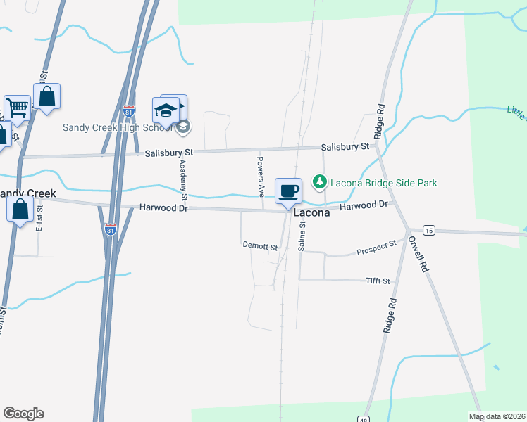 map of restaurants, bars, coffee shops, grocery stores, and more near Harwood Drive in Lacona
