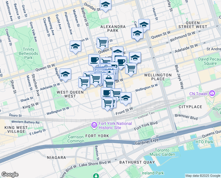 map of restaurants, bars, coffee shops, grocery stores, and more near in Toronto