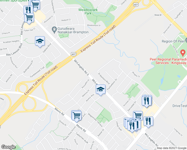 map of restaurants, bars, coffee shops, grocery stores, and more near 495 Meadowridge Court in Mississauga