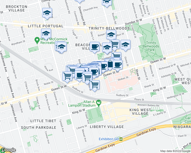 map of restaurants, bars, coffee shops, grocery stores, and more near 1106 Queen Street West in Toronto