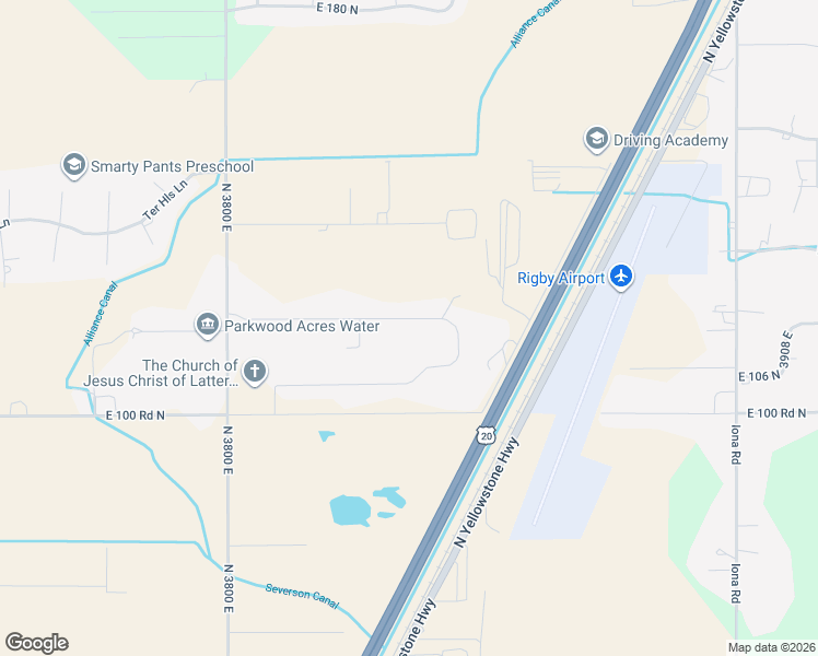 map of restaurants, bars, coffee shops, grocery stores, and more near 3831 East 120 North in Rigby