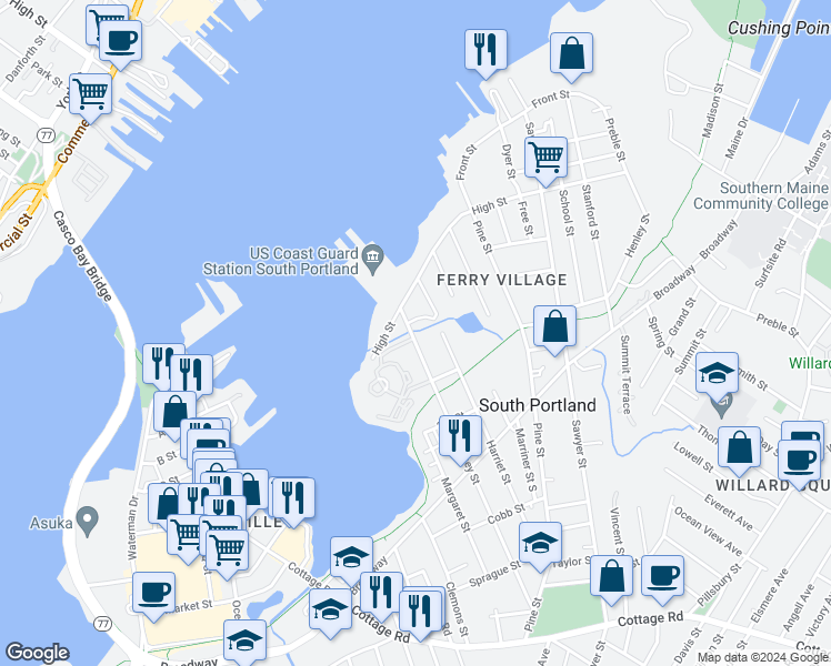 map of restaurants, bars, coffee shops, grocery stores, and more near 51 Harriet Street in South Portland