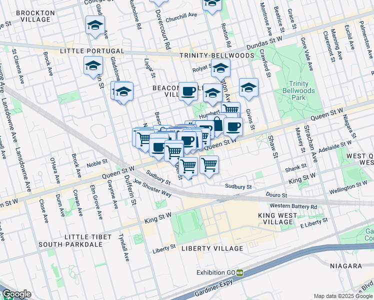 map of restaurants, bars, coffee shops, grocery stores, and more near in Toronto