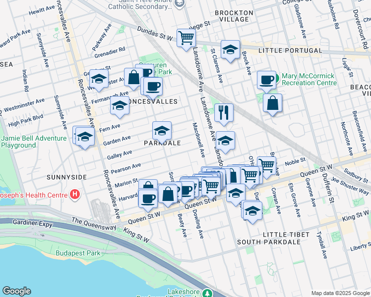 map of restaurants, bars, coffee shops, grocery stores, and more near in Toronto