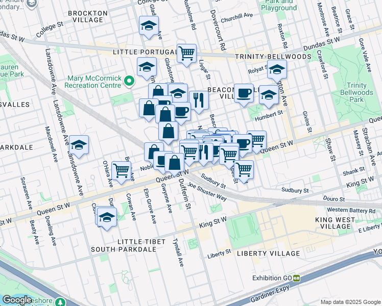 map of restaurants, bars, coffee shops, grocery stores, and more near 20 Gladstone Avenue in Toronto