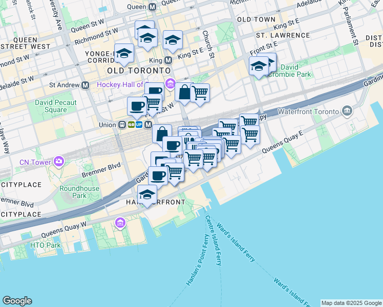 map of restaurants, bars, coffee shops, grocery stores, and more near 16 E Yonge Street in Toronto
