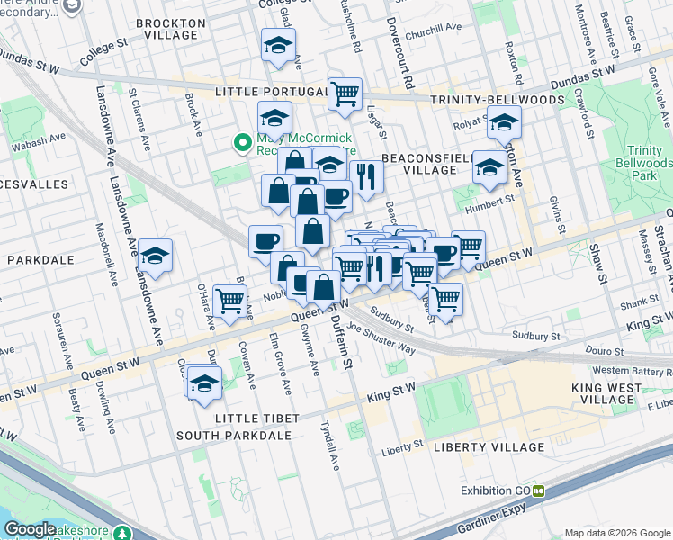 map of restaurants, bars, coffee shops, grocery stores, and more near 20 Minowan Miikan Lane in Toronto