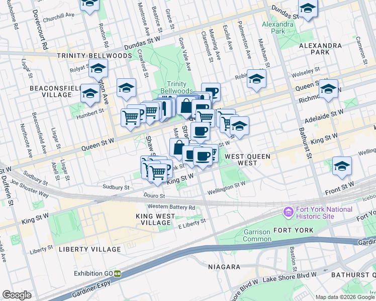 map of restaurants, bars, coffee shops, grocery stores, and more near 140 Strachan Avenue in Toronto