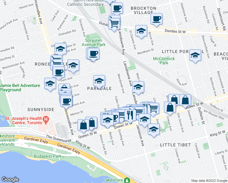 map of restaurants, bars, coffee shops, grocery stores, and more near 26 Pearson Avenue in Toronto