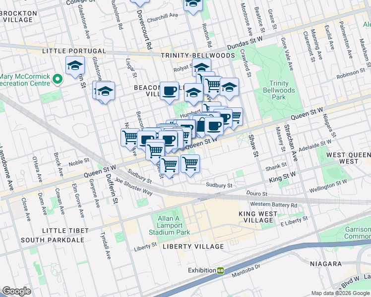 map of restaurants, bars, coffee shops, grocery stores, and more near 1077 Queen Street West in Toronto