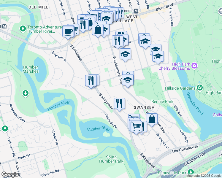 map of restaurants, bars, coffee shops, grocery stores, and more near 52 Waller Avenue in Toronto