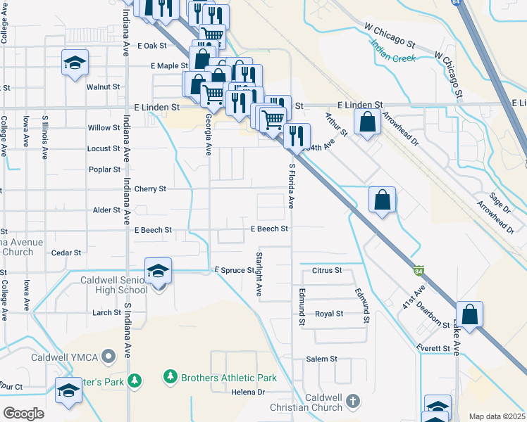 map of restaurants, bars, coffee shops, grocery stores, and more near 2910 Autumn Gold in Caldwell