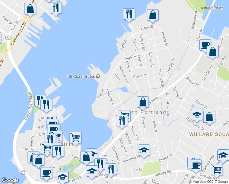 map of restaurants, bars, coffee shops, grocery stores, and more near 51 Harriet Street in South Portland