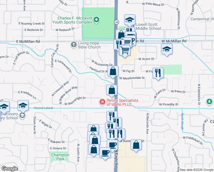 map of restaurants, bars, coffee shops, grocery stores, and more near 4262 North Chapala Way in Boise