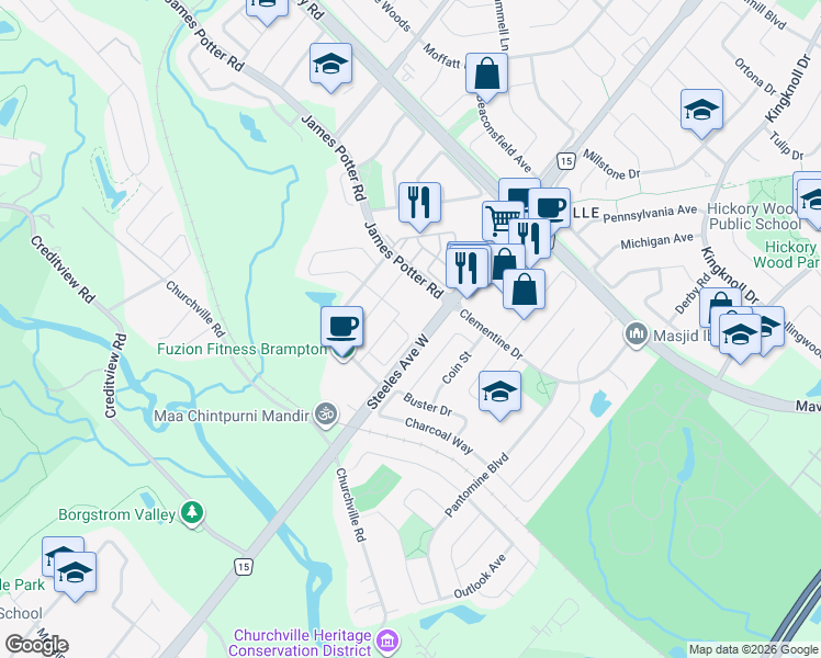 map of restaurants, bars, coffee shops, grocery stores, and more near 1206 Steeles Avenue West in Brampton