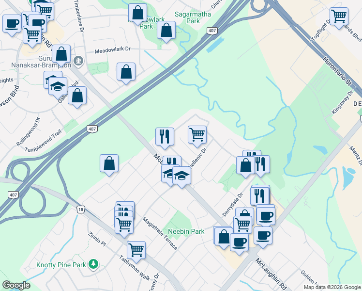 map of restaurants, bars, coffee shops, grocery stores, and more near 7332 Golden Meadow Court in Mississauga