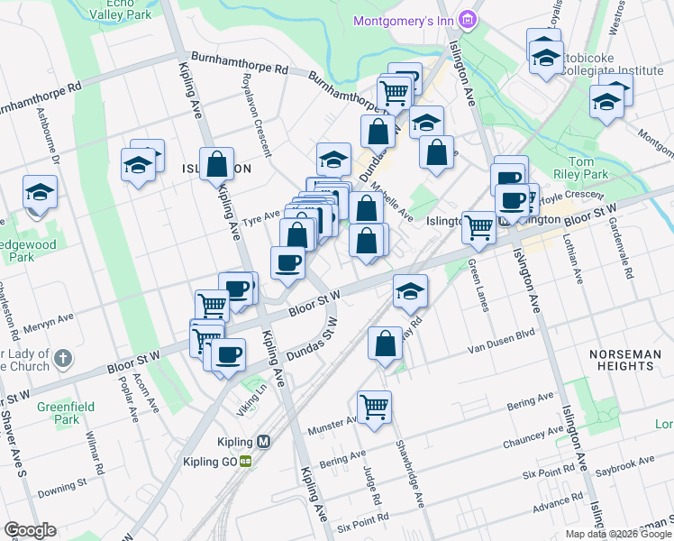 map of restaurants, bars, coffee shops, grocery stores, and more near 7 Summerland Terrace in Toronto