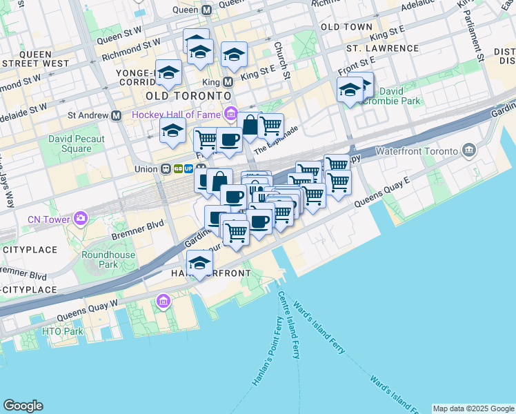 map of restaurants, bars, coffee shops, grocery stores, and more near 16 Yonge Street in Toronto