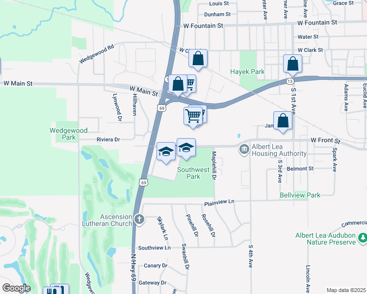 map of restaurants, bars, coffee shops, grocery stores, and more near 1601 West Front Street in Albert Lea