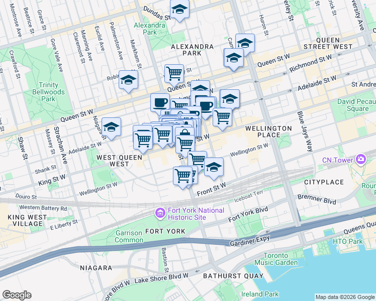map of restaurants, bars, coffee shops, grocery stores, and more near 54 Stewart Street in Toronto