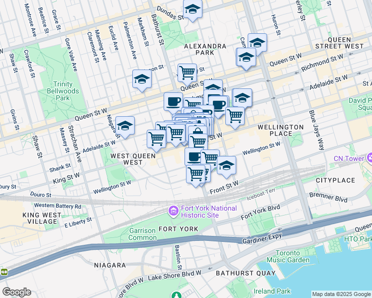 map of restaurants, bars, coffee shops, grocery stores, and more near 95 Bathurst Street in Toronto