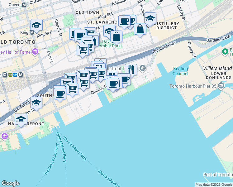 map of restaurants, bars, coffee shops, grocery stores, and more near 25 Dockside Drive in Toronto