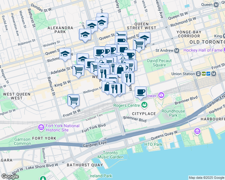 map of restaurants, bars, coffee shops, grocery stores, and more near 49 Spadina Avenue in Toronto