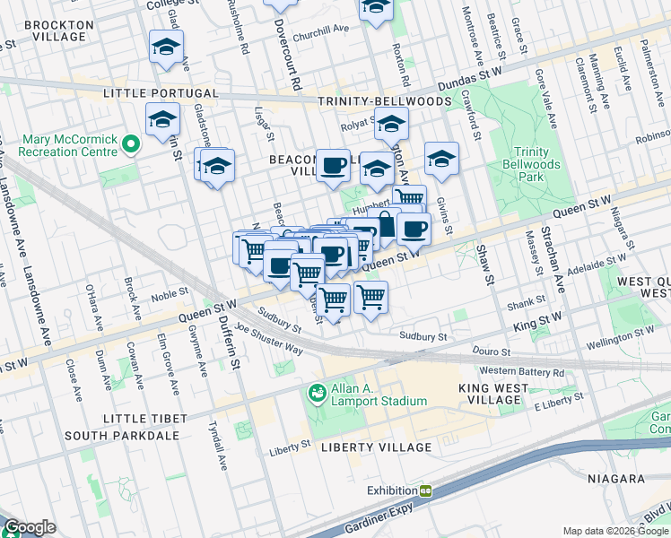 map of restaurants, bars, coffee shops, grocery stores, and more near 1108 Queen Street West in Toronto