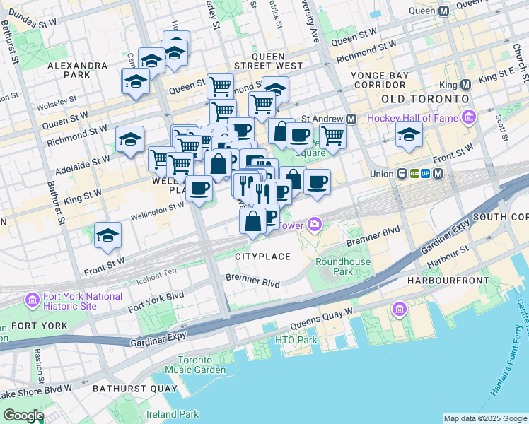 map of restaurants, bars, coffee shops, grocery stores, and more near 320 Front Street West in Toronto