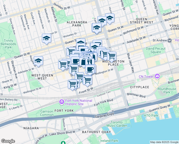 map of restaurants, bars, coffee shops, grocery stores, and more near 508 Wellington Street West in Toronto