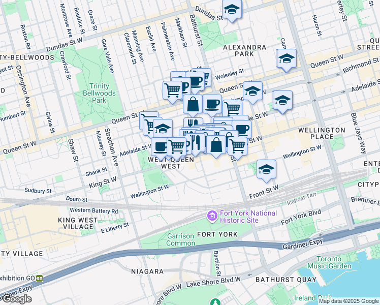 map of restaurants, bars, coffee shops, grocery stores, and more near 778 King Street West in Toronto