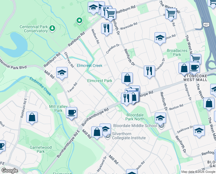map of restaurants, bars, coffee shops, grocery stores, and more near in Toronto