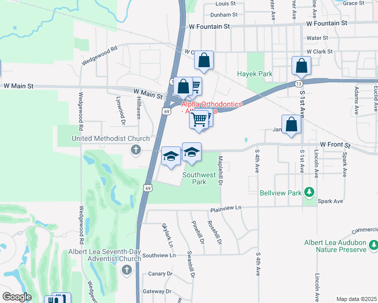 map of restaurants, bars, coffee shops, grocery stores, and more near 1601 West Front Street in Albert Lea
