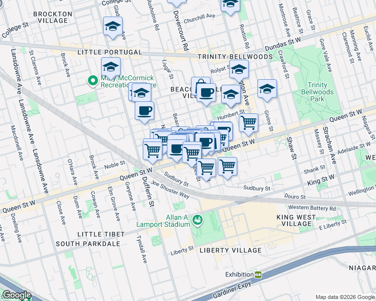 map of restaurants, bars, coffee shops, grocery stores, and more near 11 Beaconsfield Avenue in Toronto