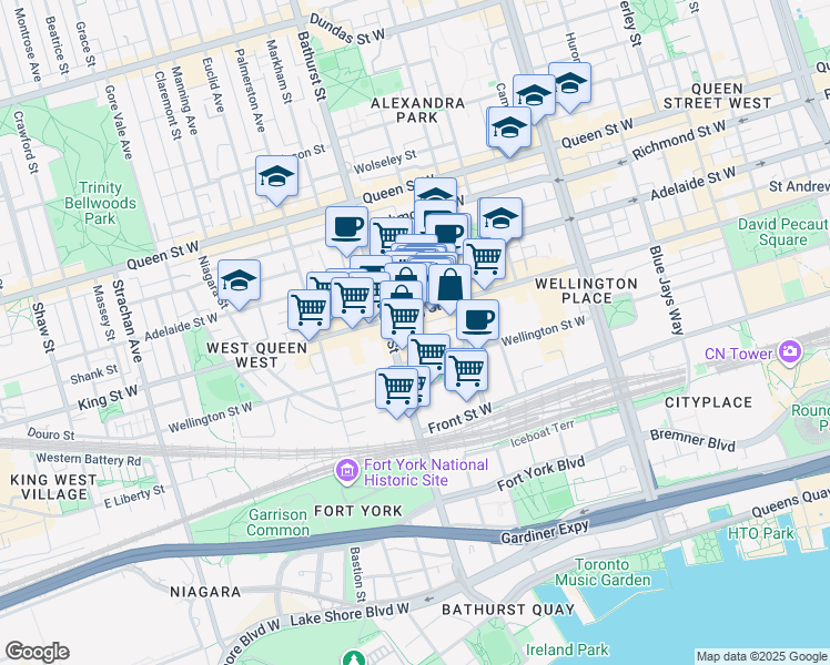 map of restaurants, bars, coffee shops, grocery stores, and more near 46 Stewart Street in Toronto