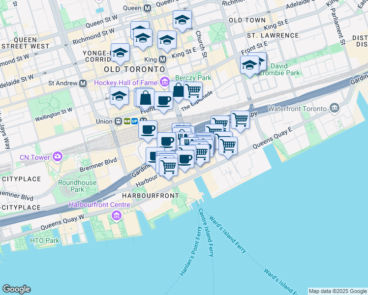 map of restaurants, bars, coffee shops, grocery stores, and more near 16 Yonge Street in Toronto