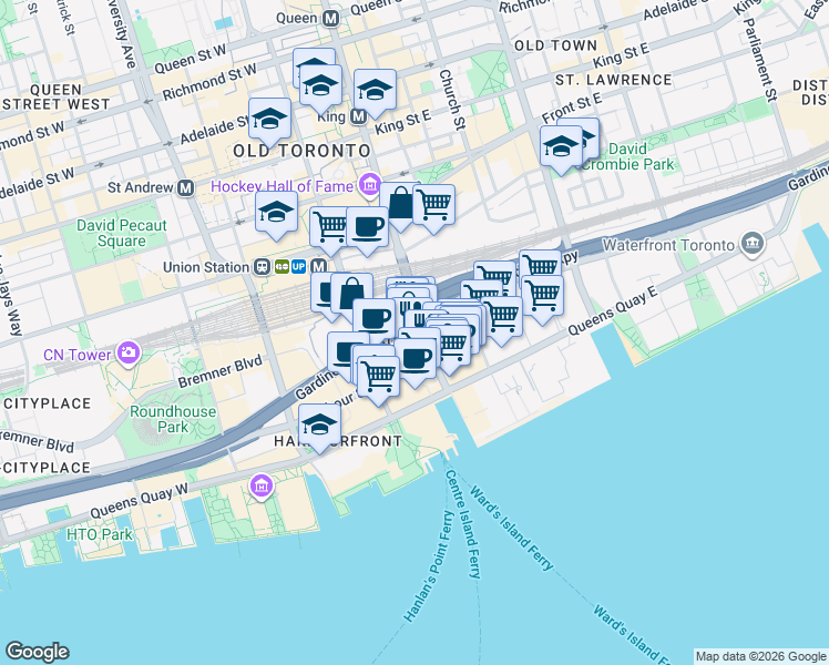 map of restaurants, bars, coffee shops, grocery stores, and more near 16 Yonge Street in Toronto