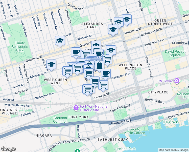 map of restaurants, bars, coffee shops, grocery stores, and more near 32 Stewart Street in Toronto
