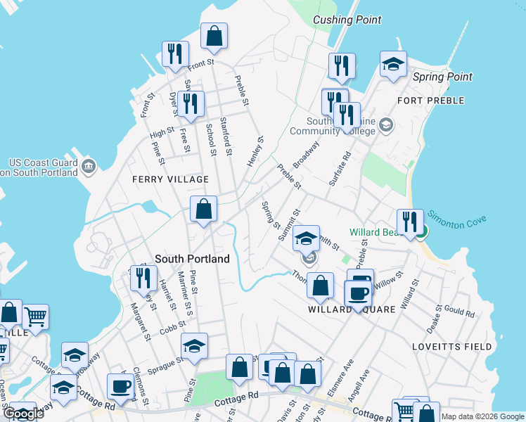 map of restaurants, bars, coffee shops, grocery stores, and more near 14 Spring Street in South Portland
