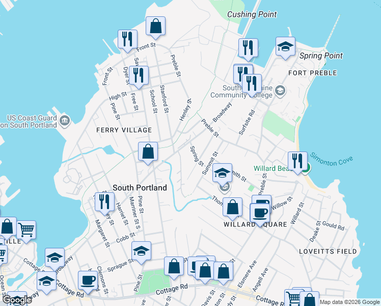 map of restaurants, bars, coffee shops, grocery stores, and more near 14 Spring Street in South Portland