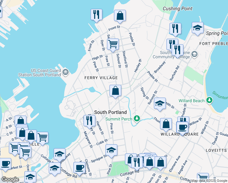 map of restaurants, bars, coffee shops, grocery stores, and more near 19 Maple Street in South Portland