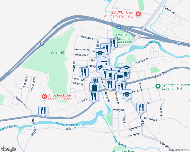 map of restaurants, bars, coffee shops, grocery stores, and more near 2 Hough Street in Lebanon