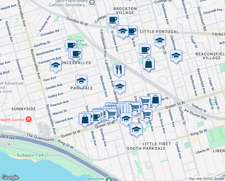 map of restaurants, bars, coffee shops, grocery stores, and more near in Toronto