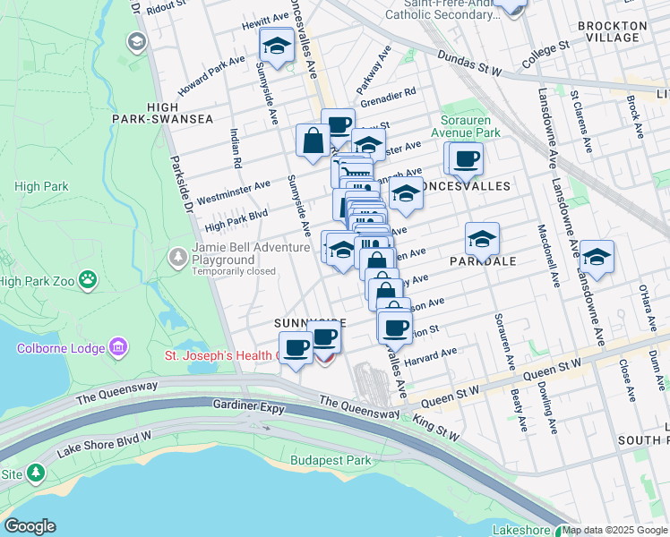 map of restaurants, bars, coffee shops, grocery stores, and more near in Toronto