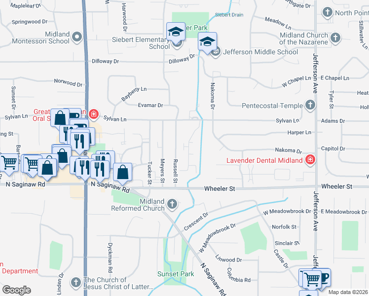 map of restaurants, bars, coffee shops, grocery stores, and more near 5007 Whisper Ridge in Midland