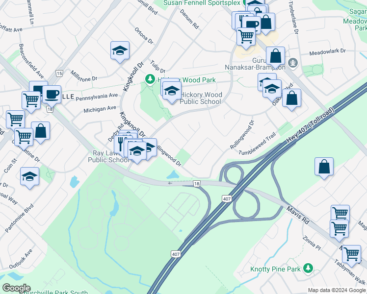 map of restaurants, bars, coffee shops, grocery stores, and more near 102 Yuile Court in Brampton